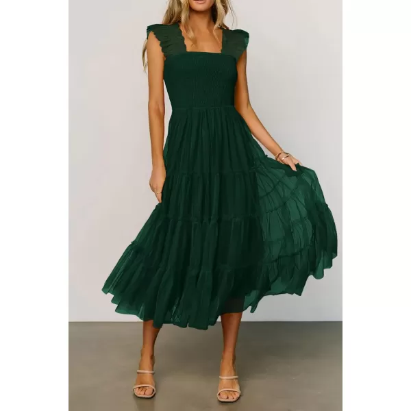 imagePRETTYGARDEN Womens 2024 Summer Midi Dress Casual Sleeveless Smocked Ruffle Tulle Flowy Beach SundressDark Green