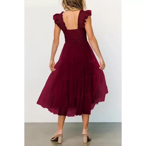 imagePRETTYGARDEN Womens 2024 Summer Midi Dress Casual Sleeveless Smocked Ruffle Tulle Flowy Beach SundressWine Red