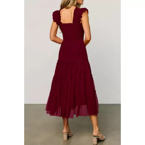 imagePRETTYGARDEN Womens 2024 Summer Midi Dress Casual Sleeveless Smocked Ruffle Tulle Flowy Beach SundressWine Red