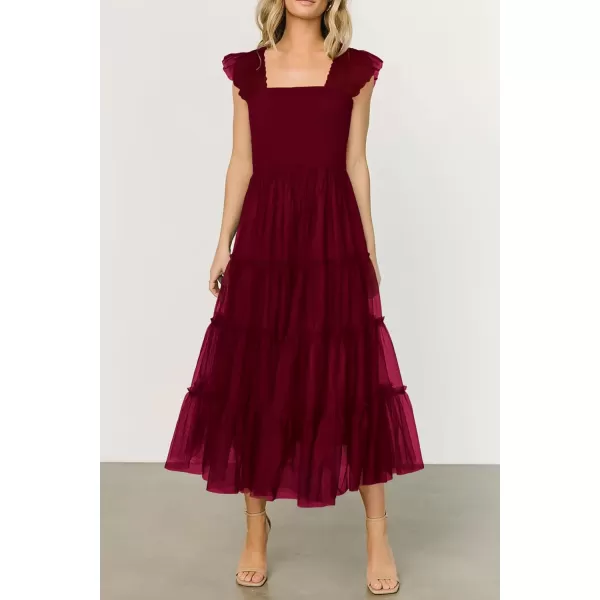imagePRETTYGARDEN Womens 2024 Summer Midi Dress Casual Sleeveless Smocked Ruffle Tulle Flowy Beach SundressWine Red