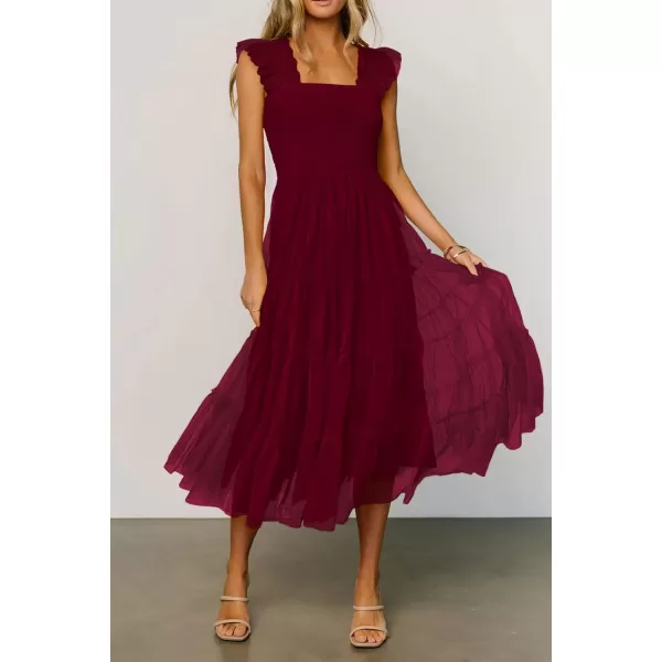 imagePRETTYGARDEN Womens 2024 Summer Midi Dress Casual Sleeveless Smocked Ruffle Tulle Flowy Beach SundressWine Red
