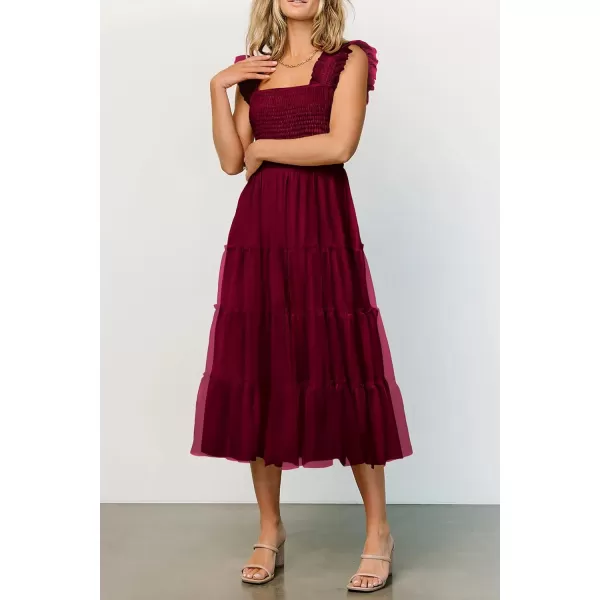 imagePRETTYGARDEN Womens 2024 Summer Midi Dress Casual Sleeveless Smocked Ruffle Tulle Flowy Beach SundressWine Red