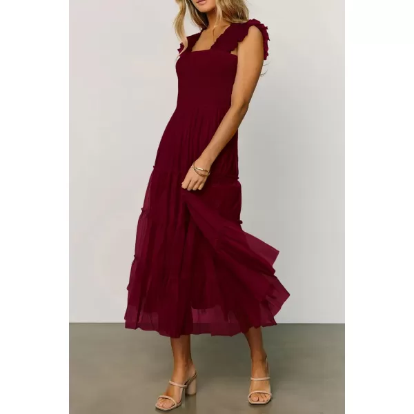 imagePRETTYGARDEN Womens 2024 Summer Midi Dress Casual Sleeveless Smocked Ruffle Tulle Flowy Beach SundressWine Red