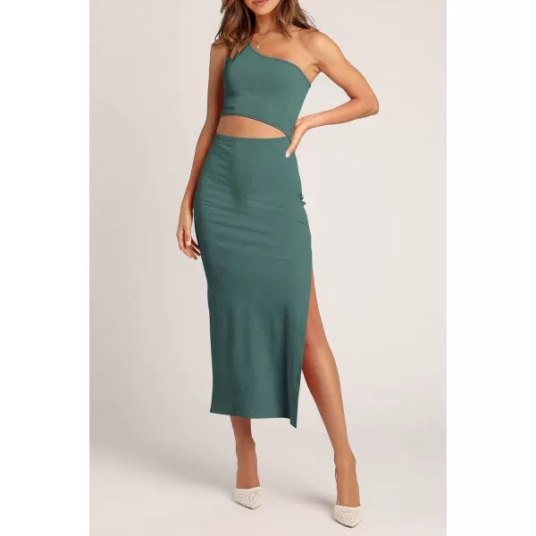 imagePRETTYGARDEN Womens 2024 Summer Midi Dress Sleeveless One Shoulder Cutout Side Slit Bodycon DressesArmy Green