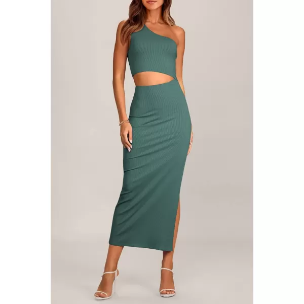 imagePRETTYGARDEN Womens 2024 Summer Midi Dress Sleeveless One Shoulder Cutout Side Slit Bodycon DressesArmy Green