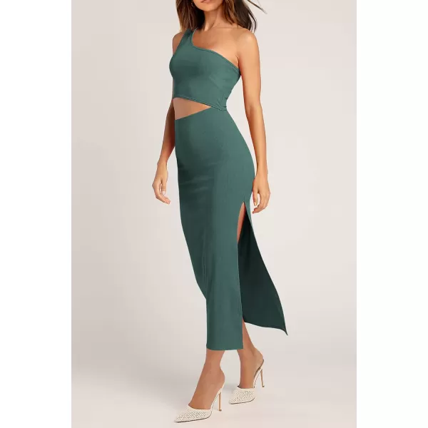 imagePRETTYGARDEN Womens 2024 Summer Midi Dress Sleeveless One Shoulder Cutout Side Slit Bodycon DressesArmy Green