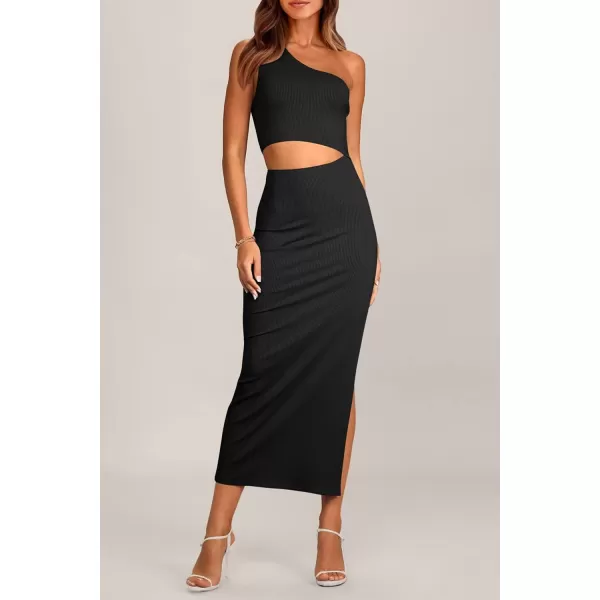 imagePRETTYGARDEN Womens 2024 Summer Midi Dress Sleeveless One Shoulder Cutout Side Slit Bodycon DressesBlack