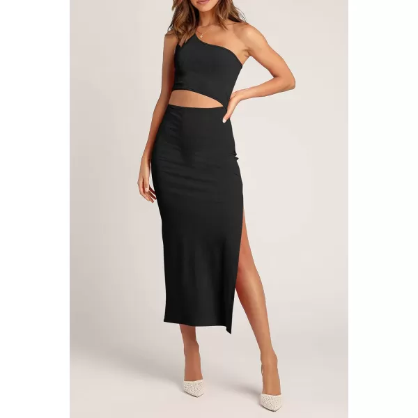 imagePRETTYGARDEN Womens 2024 Summer Midi Dress Sleeveless One Shoulder Cutout Side Slit Bodycon DressesBlack