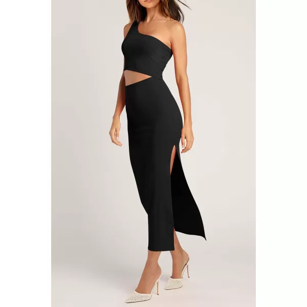 imagePRETTYGARDEN Womens 2024 Summer Midi Dress Sleeveless One Shoulder Cutout Side Slit Bodycon DressesBlack