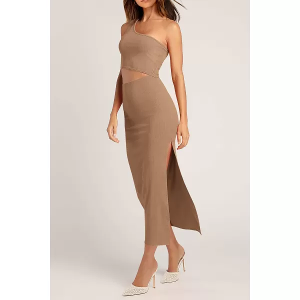 imagePRETTYGARDEN Womens 2024 Summer Midi Dress Sleeveless One Shoulder Cutout Side Slit Bodycon DressesCamel