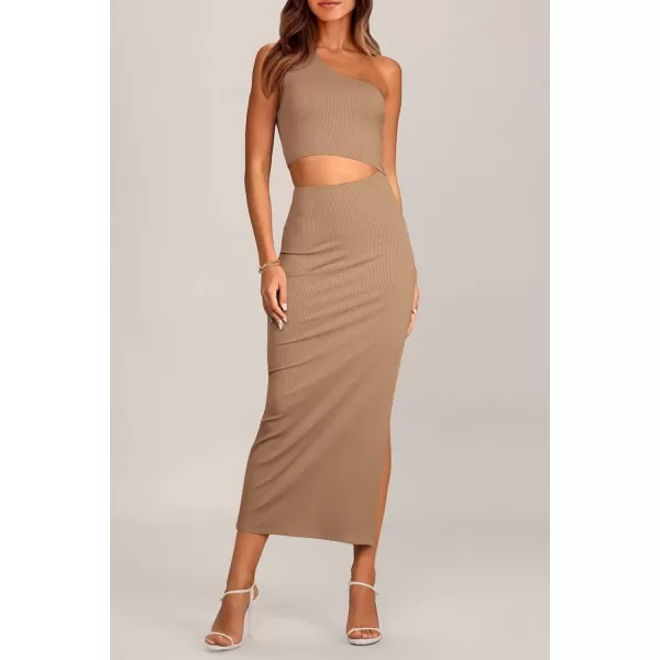imagePRETTYGARDEN Womens 2024 Summer Midi Dress Sleeveless One Shoulder Cutout Side Slit Bodycon DressesCamel