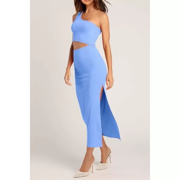 imagePRETTYGARDEN Womens 2024 Summer Midi Dress Sleeveless One Shoulder Cutout Side Slit Bodycon DressesLight Blue