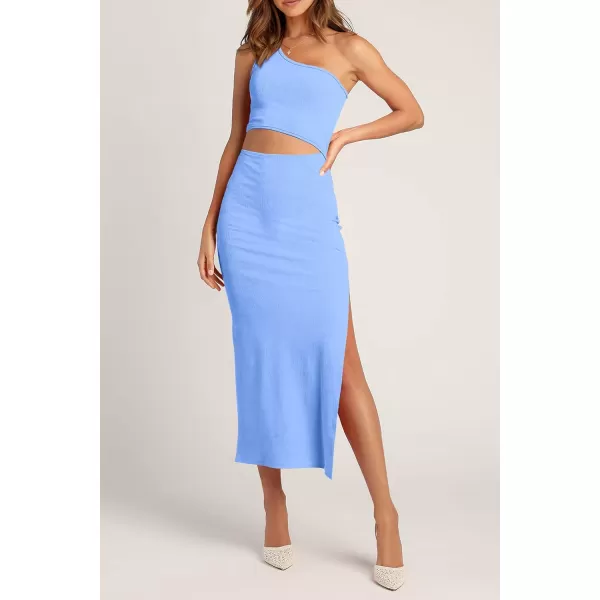 imagePRETTYGARDEN Womens 2024 Summer Midi Dress Sleeveless One Shoulder Cutout Side Slit Bodycon DressesLight Blue