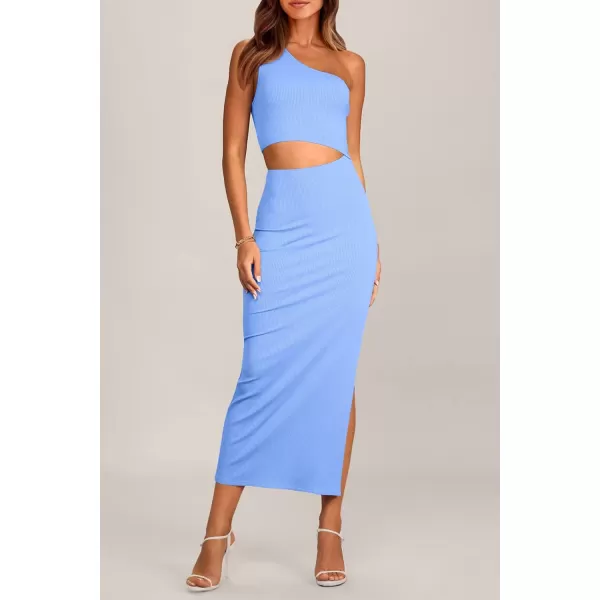 imagePRETTYGARDEN Womens 2024 Summer Midi Dress Sleeveless One Shoulder Cutout Side Slit Bodycon DressesLight Blue