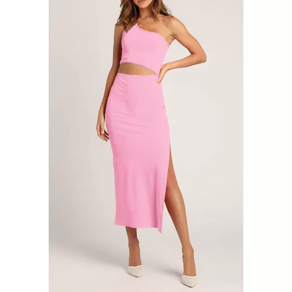 imagePRETTYGARDEN Womens 2024 Summer Midi Dress Sleeveless One Shoulder Cutout Side Slit Bodycon DressesPink