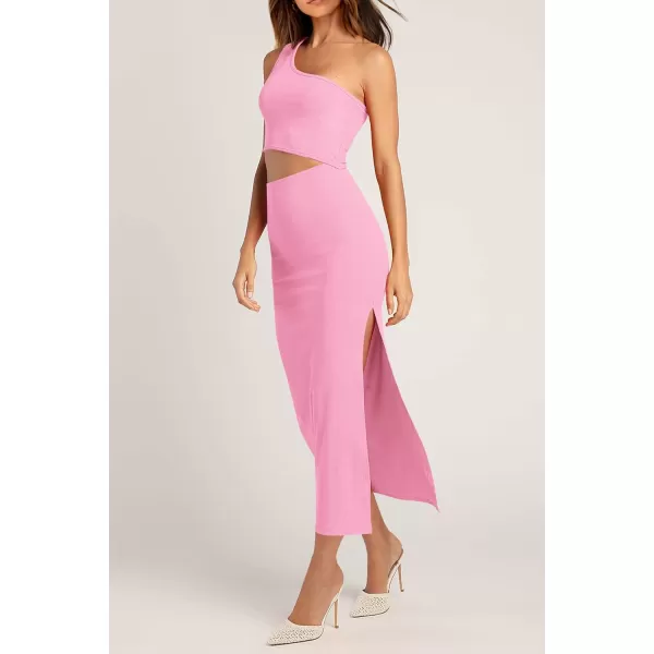 imagePRETTYGARDEN Womens 2024 Summer Midi Dress Sleeveless One Shoulder Cutout Side Slit Bodycon DressesPink
