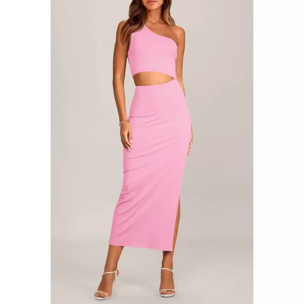 imagePRETTYGARDEN Womens 2024 Summer Midi Dress Sleeveless One Shoulder Cutout Side Slit Bodycon DressesPink