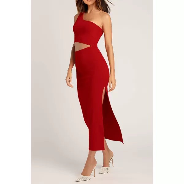 imagePRETTYGARDEN Womens 2024 Summer Midi Dress Sleeveless One Shoulder Cutout Side Slit Bodycon DressesRed