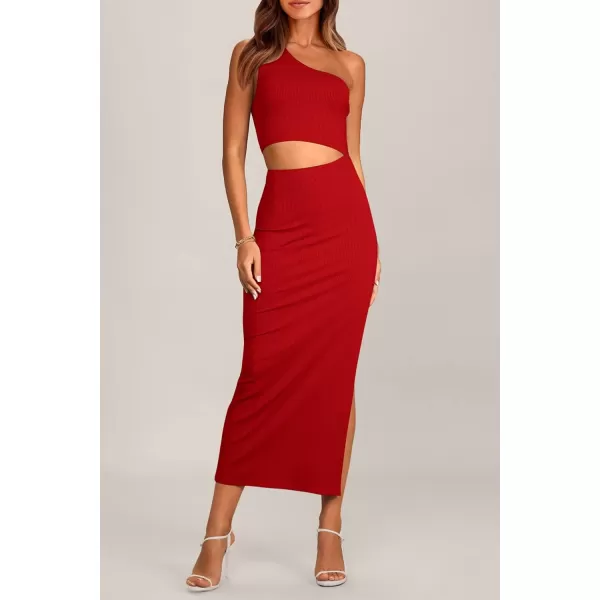 imagePRETTYGARDEN Womens 2024 Summer Midi Dress Sleeveless One Shoulder Cutout Side Slit Bodycon DressesRed