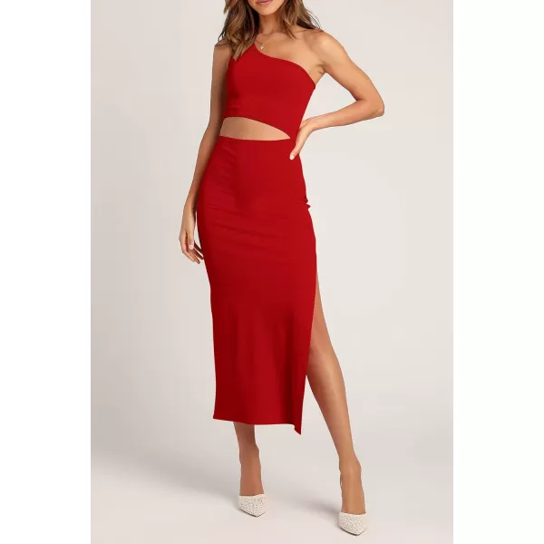 imagePRETTYGARDEN Womens 2024 Summer Midi Dress Sleeveless One Shoulder Cutout Side Slit Bodycon DressesRed