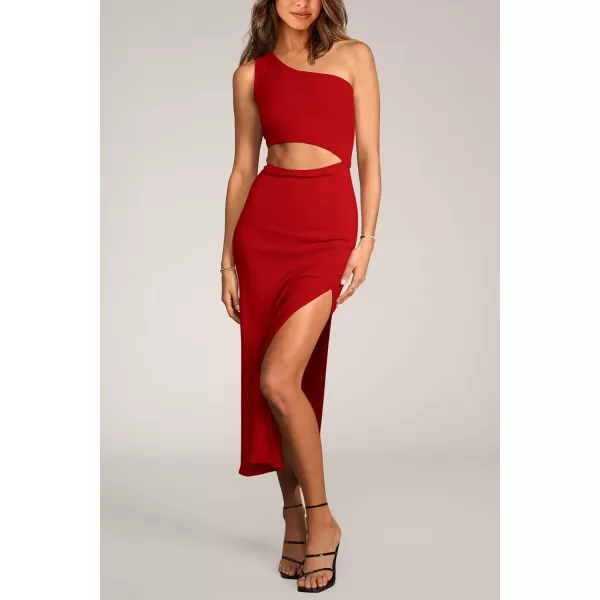 imagePRETTYGARDEN Womens 2024 Summer Midi Dress Sleeveless One Shoulder Cutout Side Slit Bodycon DressesRed
