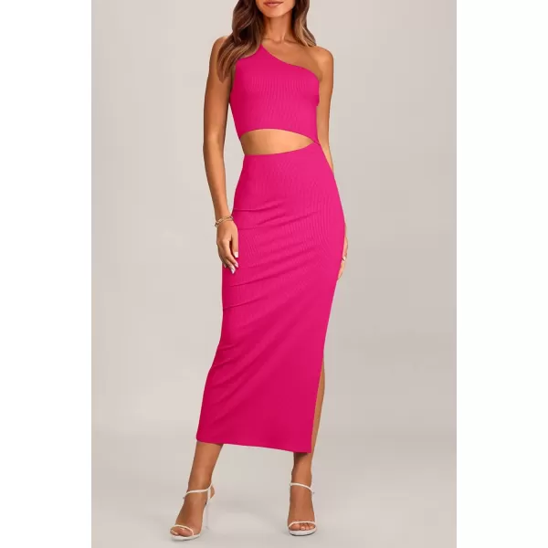 imagePRETTYGARDEN Womens 2024 Summer Midi Dress Sleeveless One Shoulder Cutout Side Slit Bodycon DressesRose Red