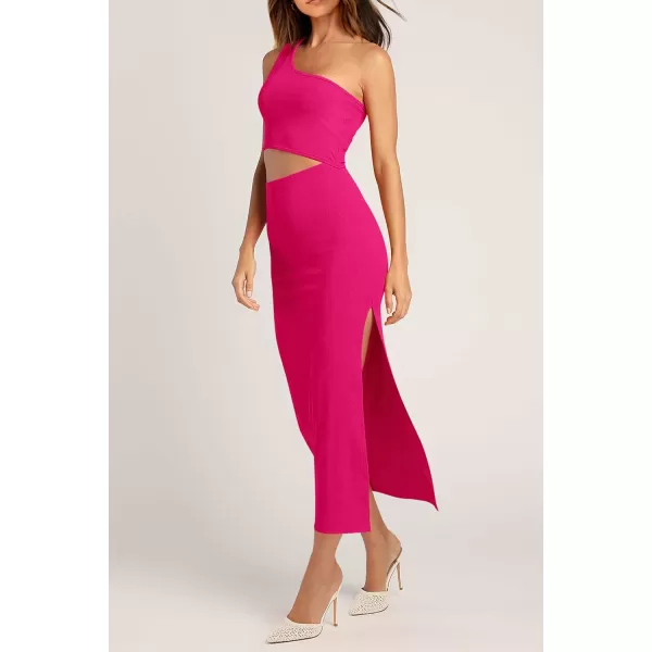 imagePRETTYGARDEN Womens 2024 Summer Midi Dress Sleeveless One Shoulder Cutout Side Slit Bodycon DressesRose Red