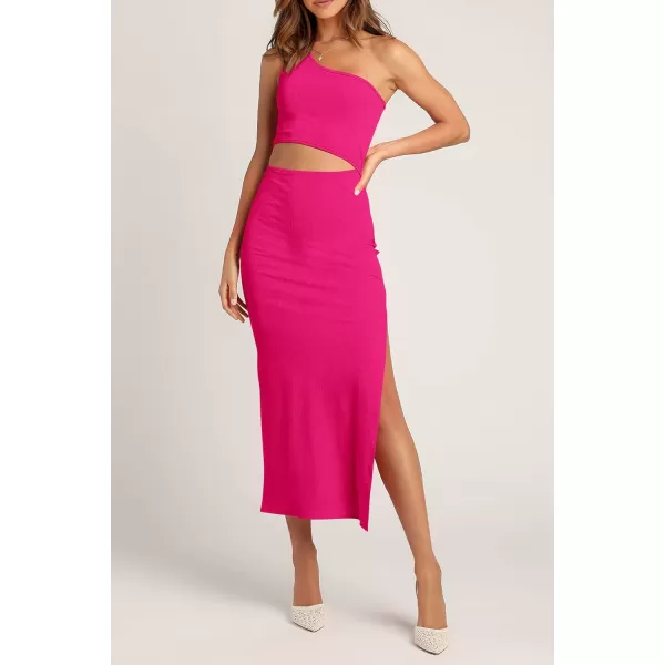 imagePRETTYGARDEN Womens 2024 Summer Midi Dress Sleeveless One Shoulder Cutout Side Slit Bodycon DressesRose Red