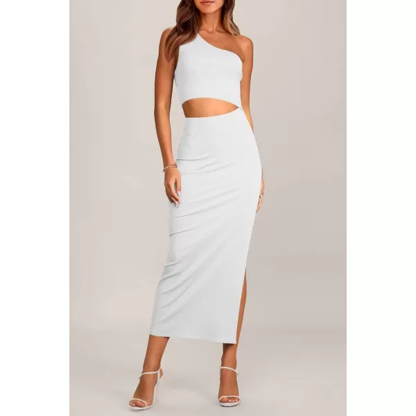 imagePRETTYGARDEN Womens 2024 Summer Midi Dress Sleeveless One Shoulder Cutout Side Slit Bodycon DressesWhite