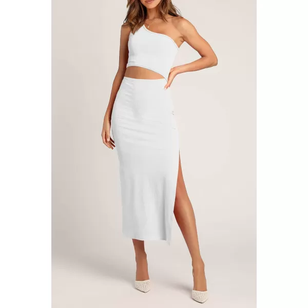 imagePRETTYGARDEN Womens 2024 Summer Midi Dress Sleeveless One Shoulder Cutout Side Slit Bodycon DressesWhite