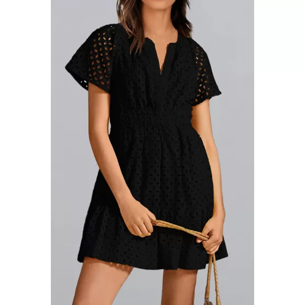 imagePRETTYGARDEN Womens 2024 Summer Mini Dress Short Sleeve V Neck A Line Hollow Out Lace Ruffle Cute Casual Beach Short DressesBlack