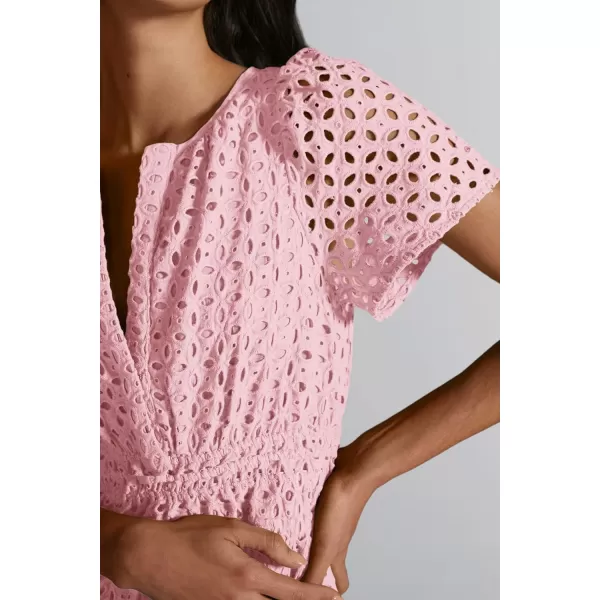imagePRETTYGARDEN Womens 2024 Summer Mini Dress Short Sleeve V Neck A Line Hollow Out Lace Ruffle Cute Casual Beach Short DressesPink