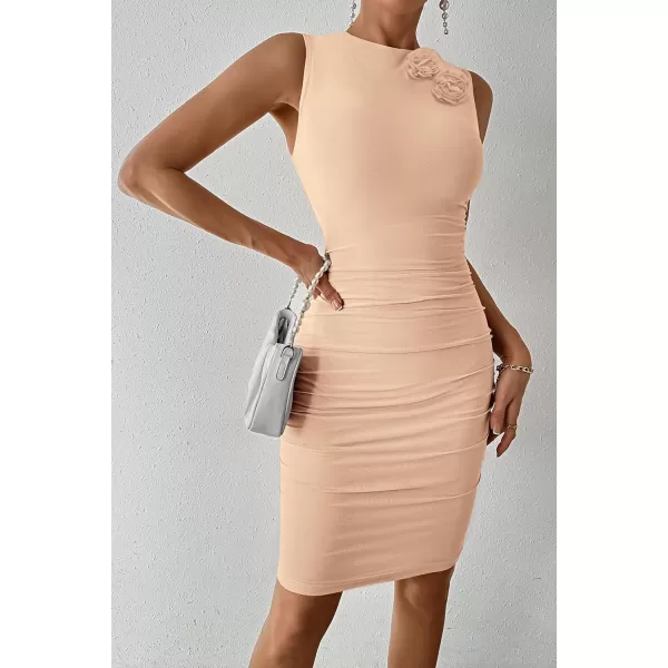 imagePRETTYGARDEN Womens 2024 Summer Mini Dress Sleeveless Bodycon Ruched Mesh 3D Flower Elegant Cocktail Party Short DressesApricot
