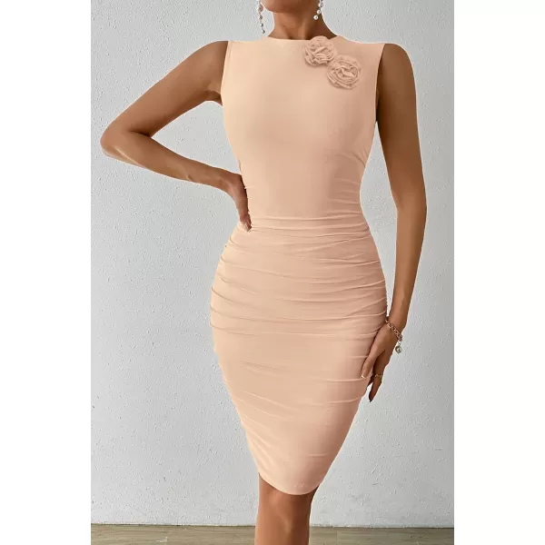 imagePRETTYGARDEN Womens 2024 Summer Mini Dress Sleeveless Bodycon Ruched Mesh 3D Flower Elegant Cocktail Party Short DressesApricot