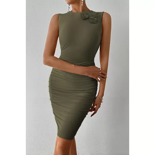imagePRETTYGARDEN Womens 2024 Summer Mini Dress Sleeveless Bodycon Ruched Mesh 3D Flower Elegant Cocktail Party Short DressesArmy Green