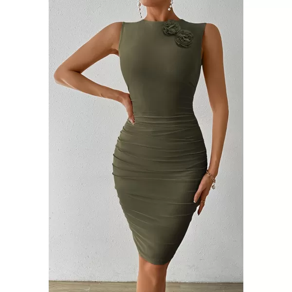 imagePRETTYGARDEN Womens 2024 Summer Mini Dress Sleeveless Bodycon Ruched Mesh 3D Flower Elegant Cocktail Party Short DressesArmy Green