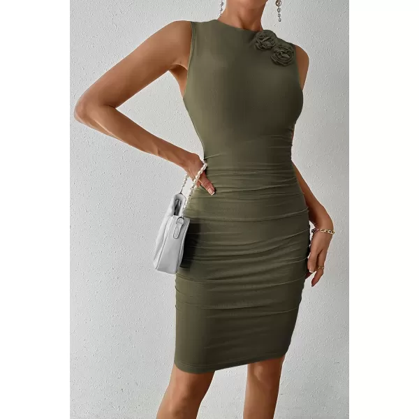imagePRETTYGARDEN Womens 2024 Summer Mini Dress Sleeveless Bodycon Ruched Mesh 3D Flower Elegant Cocktail Party Short DressesArmy Green