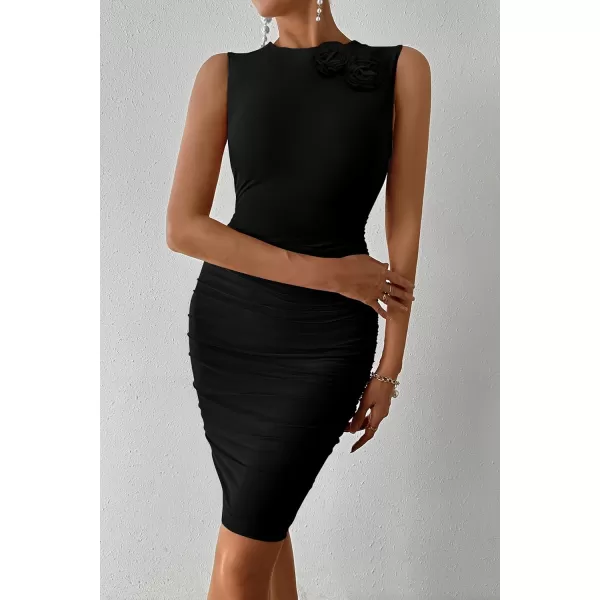 imagePRETTYGARDEN Womens 2024 Summer Mini Dress Sleeveless Bodycon Ruched Mesh 3D Flower Elegant Cocktail Party Short DressesBlack