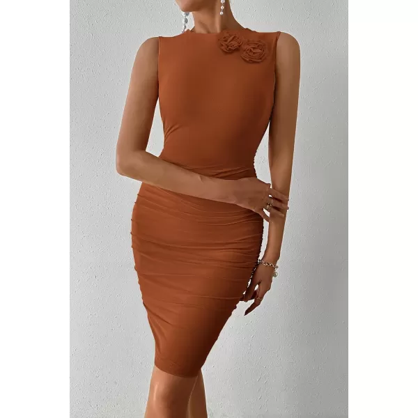 imagePRETTYGARDEN Womens 2024 Summer Mini Dress Sleeveless Bodycon Ruched Mesh 3D Flower Elegant Cocktail Party Short DressesCaramel