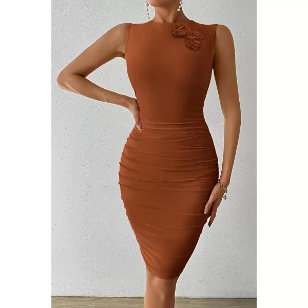 imagePRETTYGARDEN Womens 2024 Summer Mini Dress Sleeveless Bodycon Ruched Mesh 3D Flower Elegant Cocktail Party Short DressesCaramel