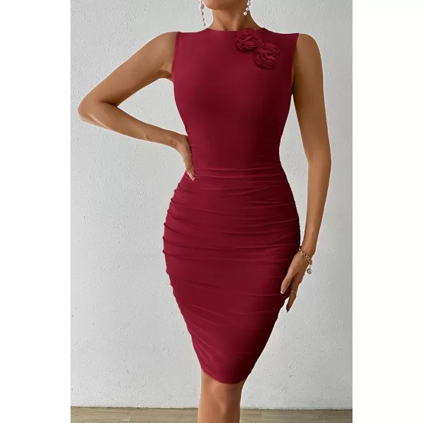 imagePRETTYGARDEN Womens 2024 Summer Mini Dress Sleeveless Bodycon Ruched Mesh 3D Flower Elegant Cocktail Party Short DressesWine Red