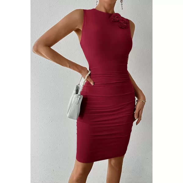 imagePRETTYGARDEN Womens 2024 Summer Mini Dress Sleeveless Bodycon Ruched Mesh 3D Flower Elegant Cocktail Party Short DressesWine Red