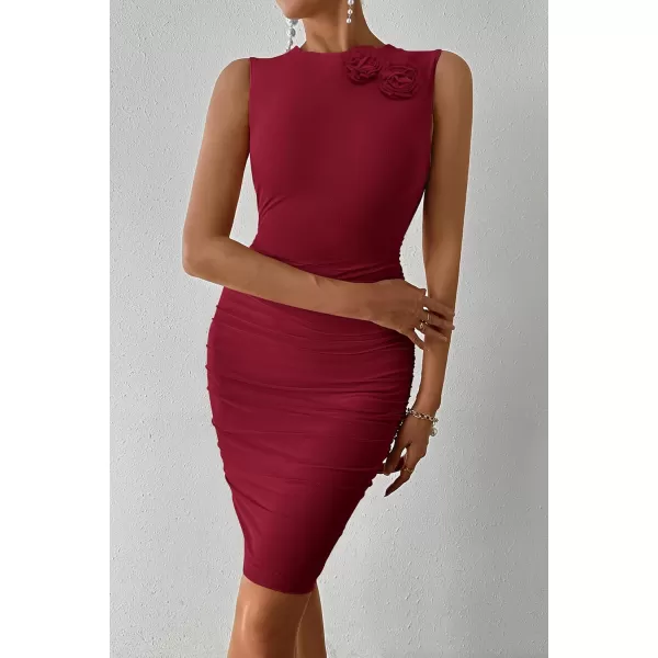 imagePRETTYGARDEN Womens 2024 Summer Mini Dress Sleeveless Bodycon Ruched Mesh 3D Flower Elegant Cocktail Party Short DressesWine Red