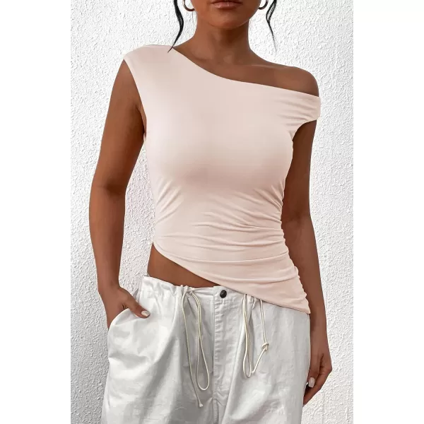 imagePRETTYGARDEN Womens 2024 Summer Off The Shoulder Crop Tops Sleeveless One Shoulder Ruched Asymmetrical Y2K Going Out Tank TopBeige