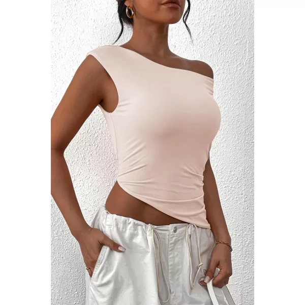 imagePRETTYGARDEN Womens 2024 Summer Off The Shoulder Crop Tops Sleeveless One Shoulder Ruched Asymmetrical Y2K Going Out Tank TopBeige