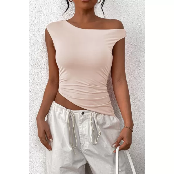imagePRETTYGARDEN Womens 2024 Summer Off The Shoulder Crop Tops Sleeveless One Shoulder Ruched Asymmetrical Y2K Going Out Tank TopBeige