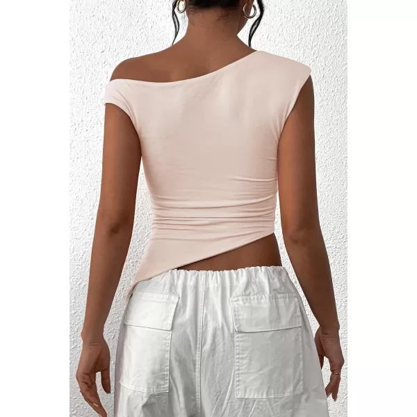 imagePRETTYGARDEN Womens 2024 Summer Off The Shoulder Crop Tops Sleeveless One Shoulder Ruched Asymmetrical Y2K Going Out Tank TopBeige