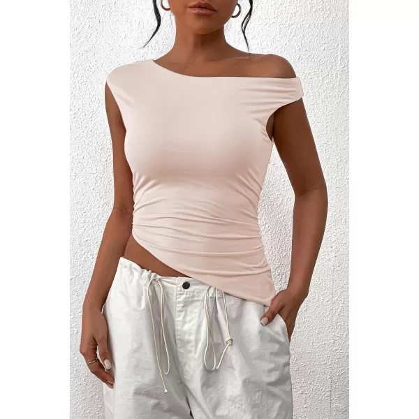 imagePRETTYGARDEN Womens 2024 Summer Off The Shoulder Crop Tops Sleeveless One Shoulder Ruched Asymmetrical Y2K Going Out Tank TopBeige