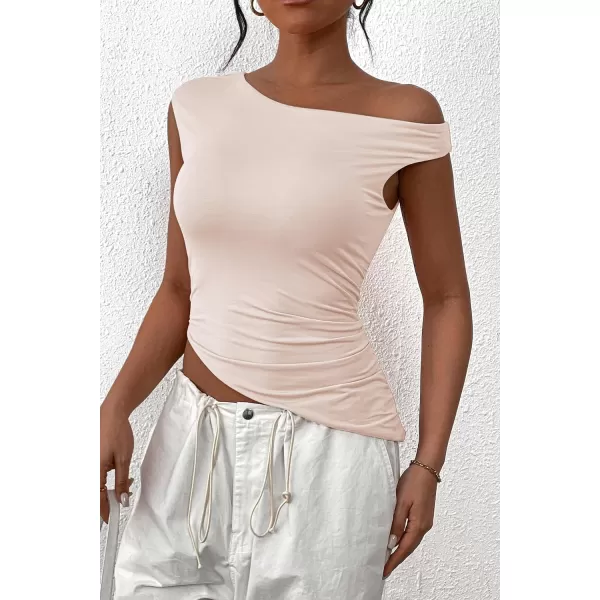 imagePRETTYGARDEN Womens 2024 Summer Off The Shoulder Crop Tops Sleeveless One Shoulder Ruched Asymmetrical Y2K Going Out Tank TopBeige