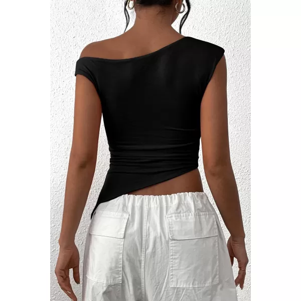 imagePRETTYGARDEN Womens 2024 Summer Off The Shoulder Crop Tops Sleeveless One Shoulder Ruched Asymmetrical Y2K Going Out Tank TopBlack